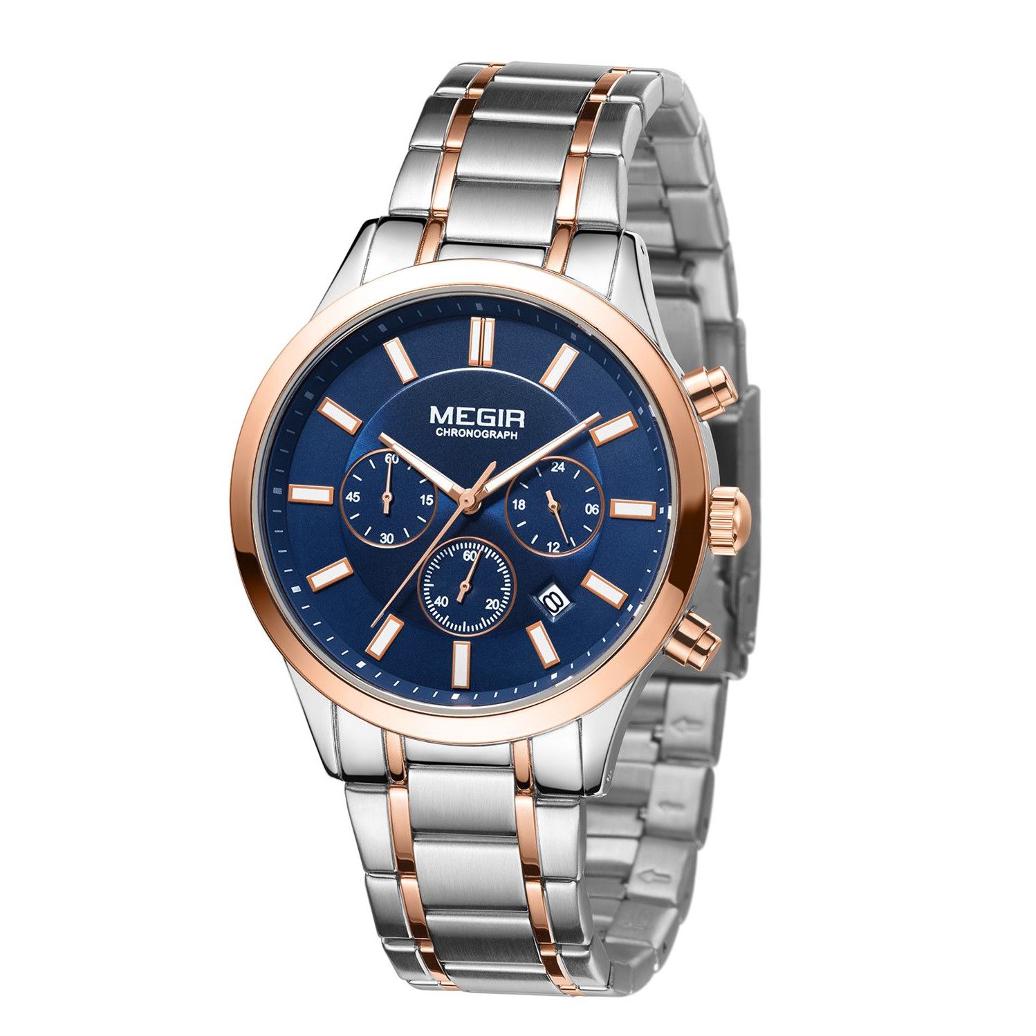MEGIR 2150 men's chronograph watch, rose-gold and silver case with blue dial and two-tone steel bracelet, angled view