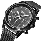 MEGIR 2153 men's chronograph watch, black case with grey dial and black mesh bracelet, angled view