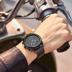 MEGIR 2153 men's chronograph watch on the wrist, black case with black dial and black mesh bracelet