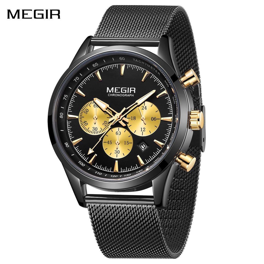 MEGIR 2153 men's chronograph watch, black case with black dial, gold sub-dials and black mesh bracelet, front view