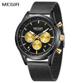 MEGIR 2153 men's chronograph watch, black case with black dial, gold sub-dials and black mesh bracelet, front view
