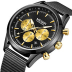 MEGIR 2153 men's chronograph watch, black case with black dial, gold sub-dials and black mesh bracelet, three-quarter view