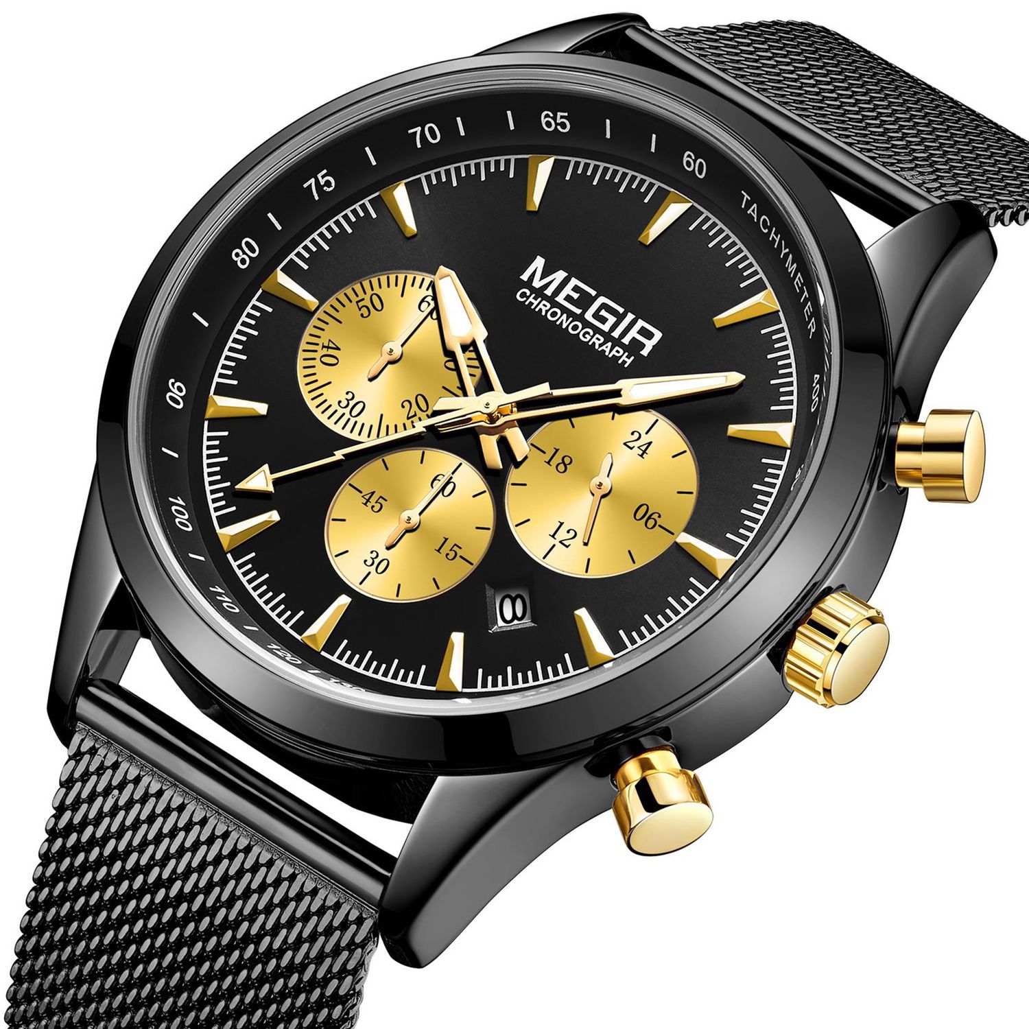 MEGIR 2153 men's chronograph watch, black case with black dial, gold sub-dials and black mesh bracelet, three-quarter view