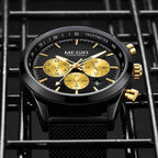 MEGIR 2153 men's chronograph watch, black case with black dial, gold sub-dials and black mesh bracelet, angled view