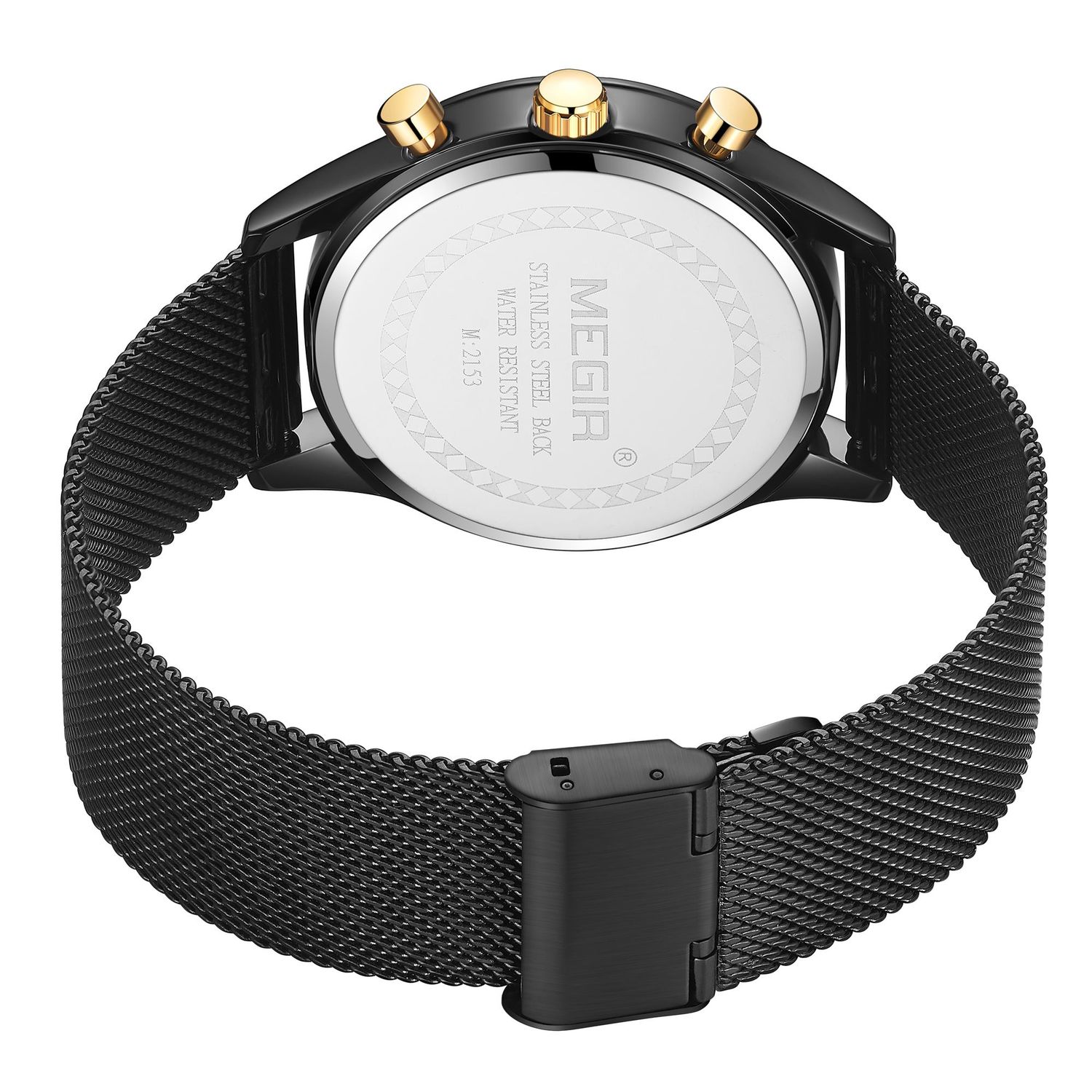MEGIR 2153 men's chronograph watch caseback with engravings and black mesh bracelet with clasp