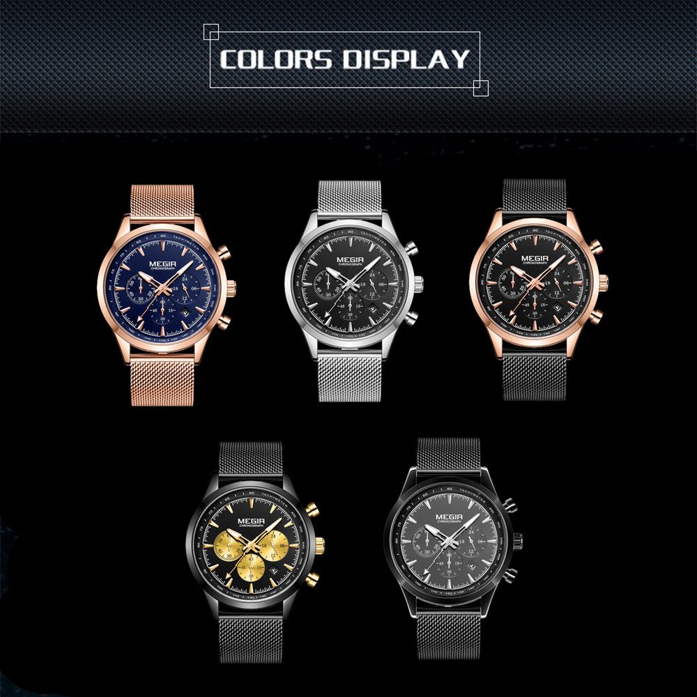 MEGIR 2153 men's chronograph watch color display showing rose-gold, silver and black case and bracelet options