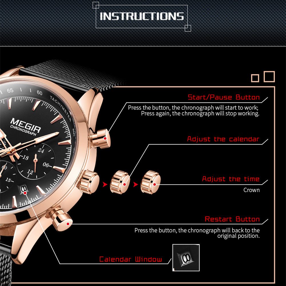 MEGIR 2153 men's chronograph watch instructions graphic showing the start, calendar and reset buttons