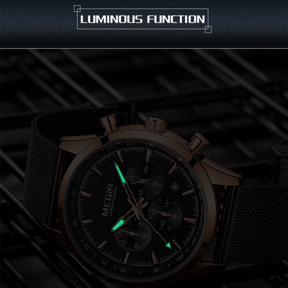 MEGIR 2153 men's chronograph watch feature graphic showing luminous hands and markers glowing in the dark