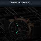 MEGIR 2153 men's chronograph watch feature graphic showing luminous hands and markers glowing in the dark