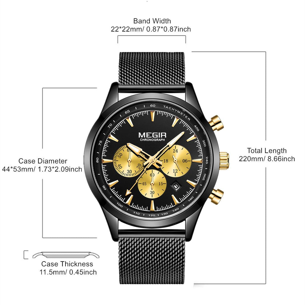 MEGIR 2153 men's chronograph watch parameters graphic with case diameter, band width and total length