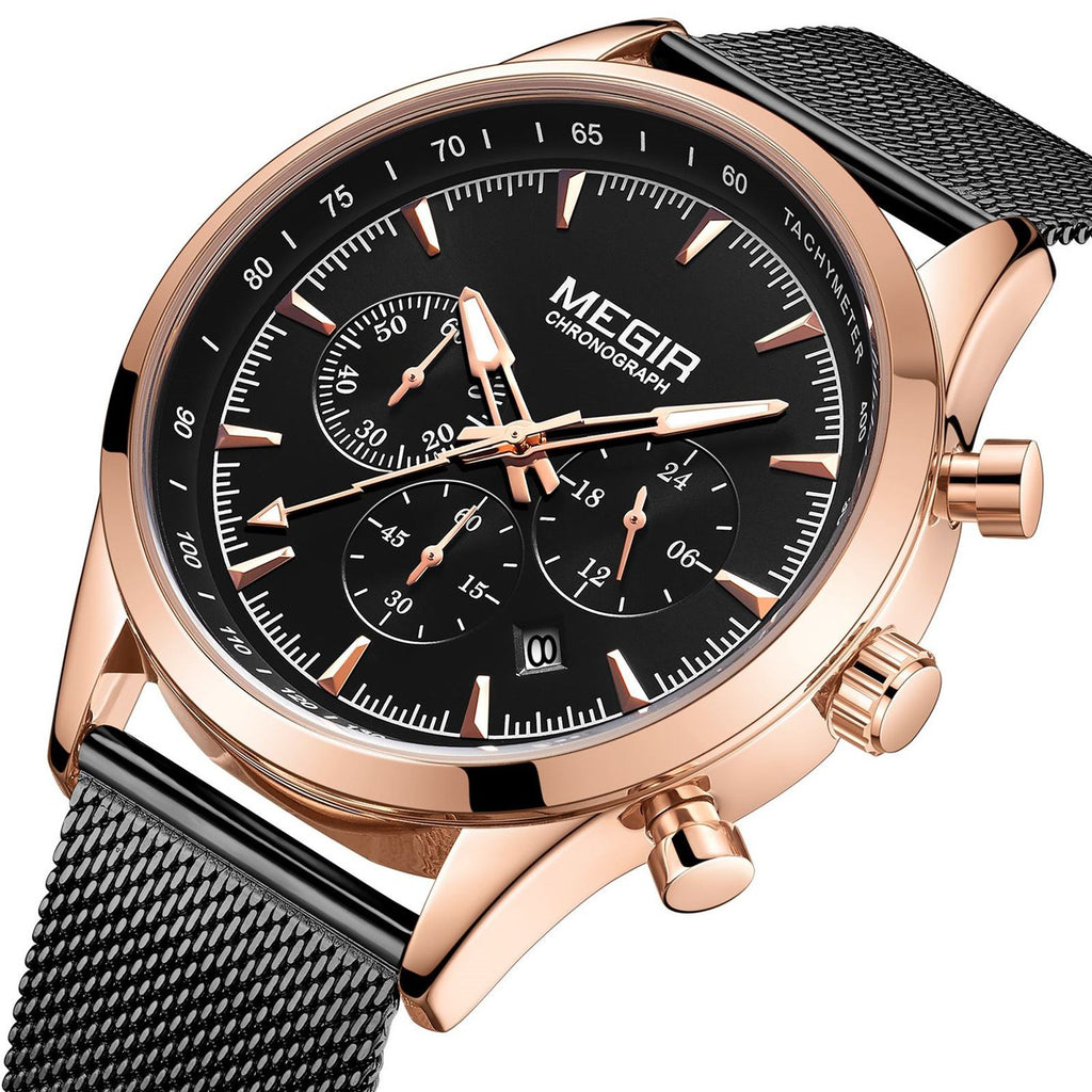 MEGIR 2153 men's chronograph watch, rose-gold case with black dial and black mesh bracelet, angled view