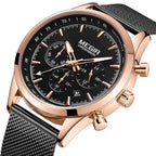 MEGIR 2153 men's chronograph watch, rose-gold case with black dial and black mesh bracelet, angled view