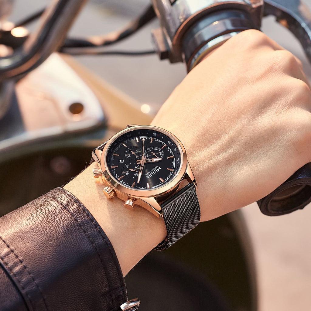 MEGIR 2153 men's chronograph watch on the wrist, rose-gold case with black dial and black mesh bracelet