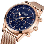 MEGIR 2153 men's chronograph watch, rose-gold case with blue dial and rose-gold mesh bracelet, three-quarter view