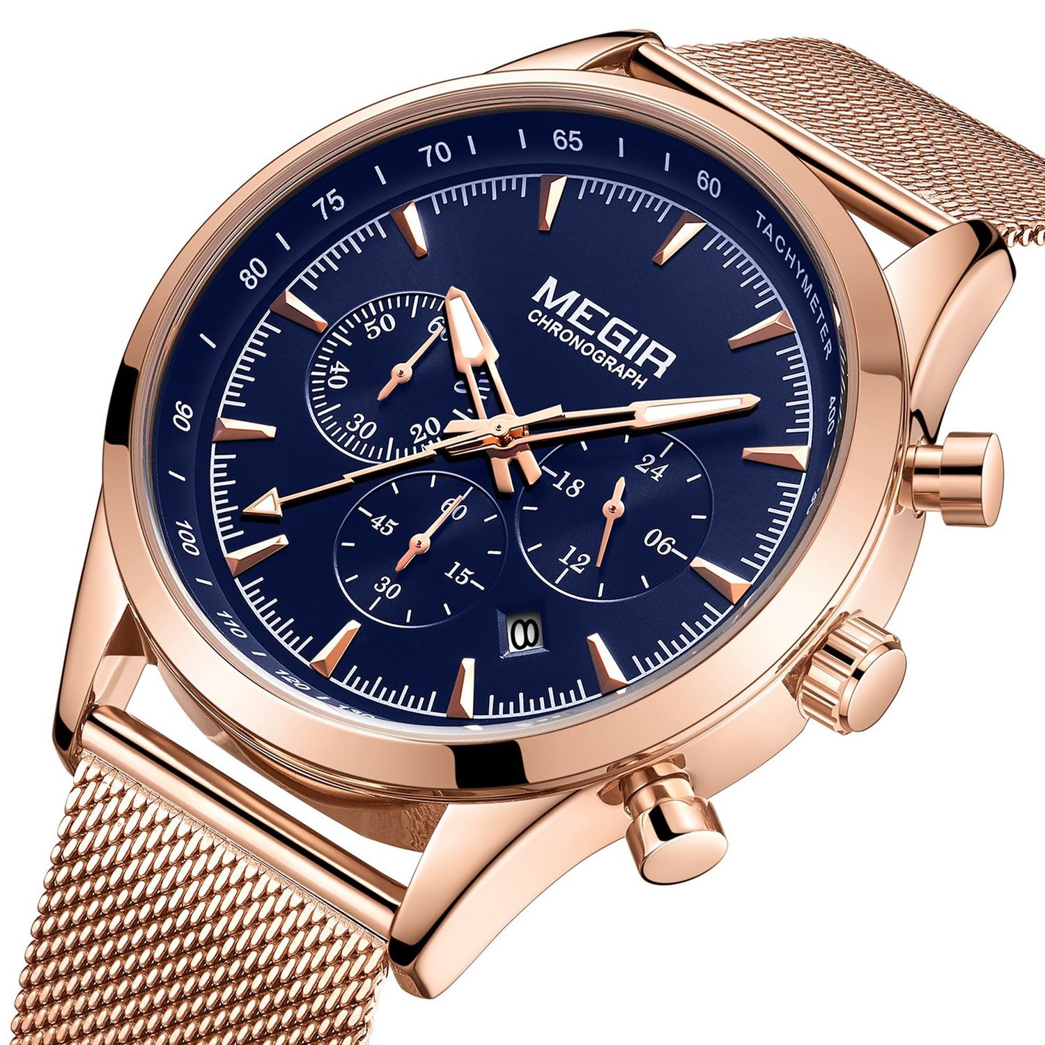 MEGIR 2153 men's chronograph watch, rose-gold case with blue dial and rose-gold mesh bracelet, three-quarter view