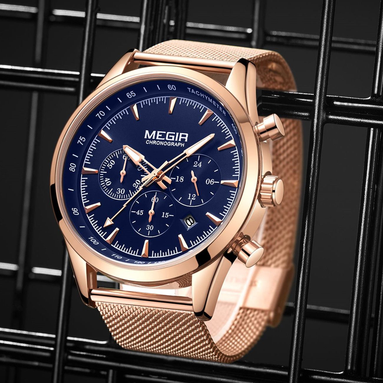 MEGIR 2153 men's chronograph watch, rose-gold case with blue dial and rose-gold mesh bracelet, angled view