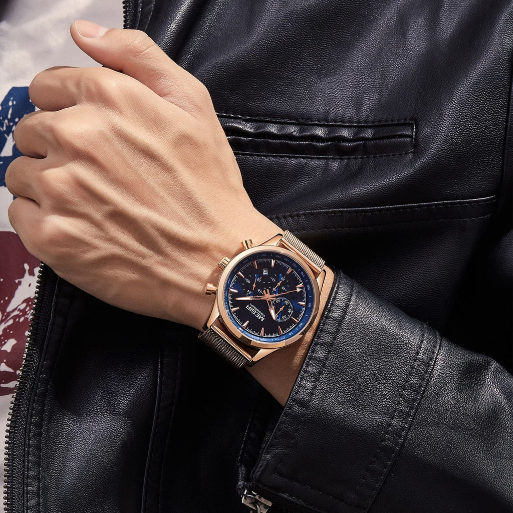 MEGIR 2153 men's chronograph watch on the wrist, rose-gold case with blue dial and rose-gold mesh bracelet