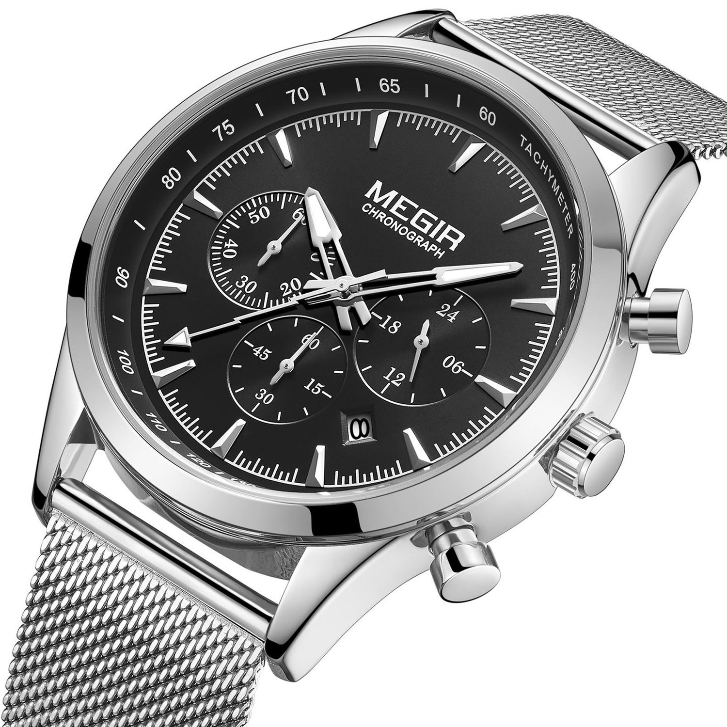 MEGIR 2153 men's chronograph watch, silver case with black dial and silver mesh bracelet, angled view