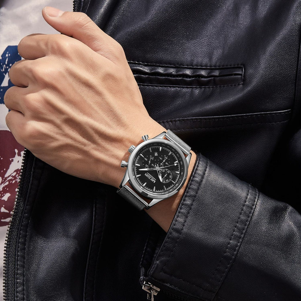 MEGIR 2153 men's chronograph watch on the wrist, silver case with black dial and silver mesh bracelet