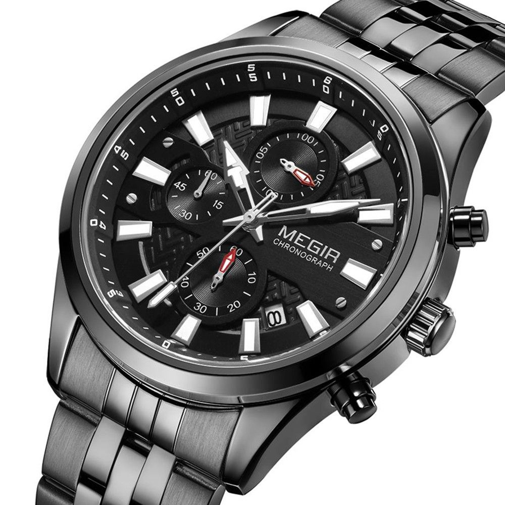 MEGIR 2154 men's chronograph watch, black case with black dial and black steel bracelet, angled view