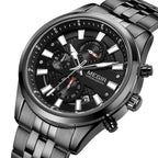 MEGIR 2154 men's chronograph watch, black case with black dial and black steel bracelet, angled view