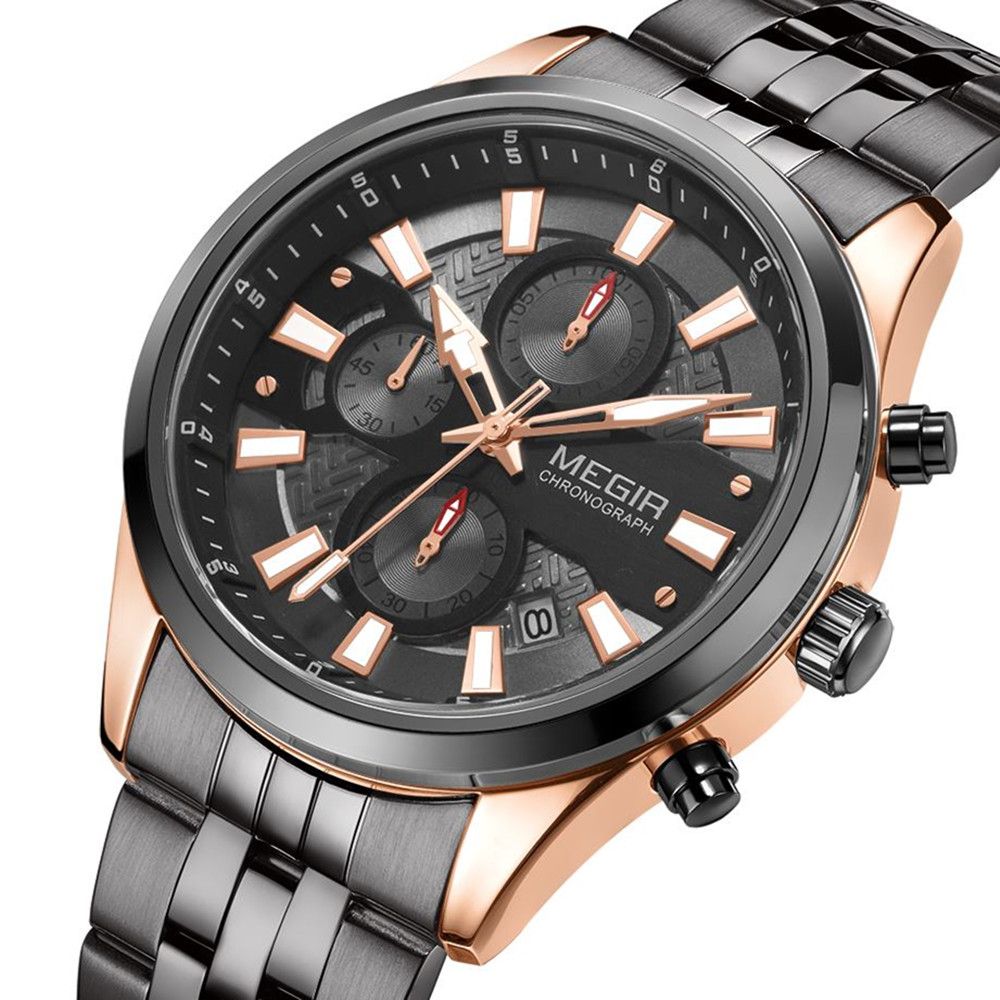 MEGIR 2154 men's chronograph watch, rose-gold and black case with black dial and black bracelet, three-quarter view