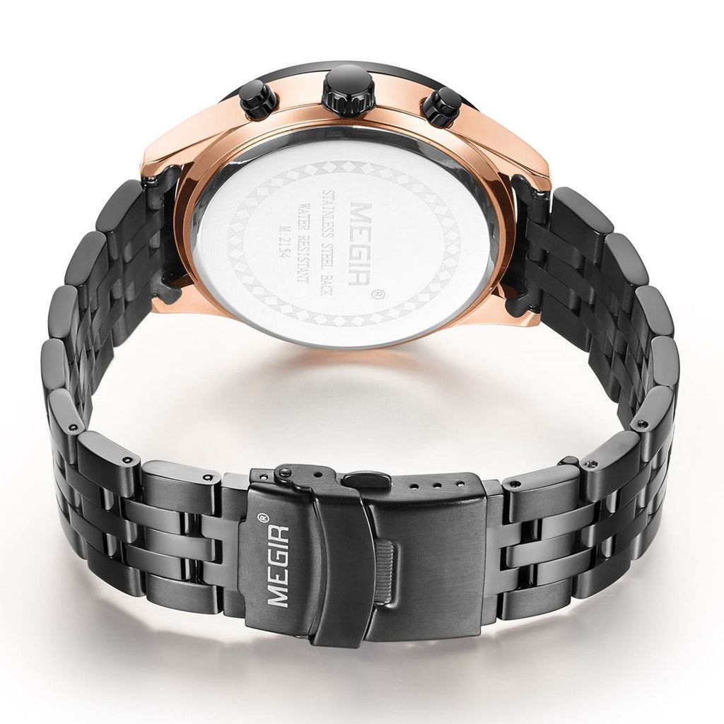 MEGIR 2154 men's chronograph watch caseback with engravings and black steel bracelet with clasp