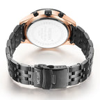 MEGIR 2154 men's chronograph watch caseback with engravings and black steel bracelet with clasp