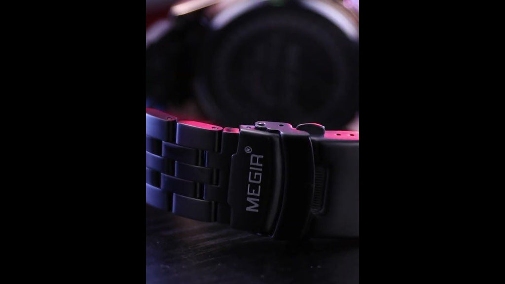 MEGIR 2154 men's chronograph watch black steel bracelet with folding safety clasp, close-up