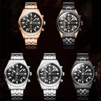 MEGIR 2154 men's chronograph watch color display showing rose-gold, silver and black case and bracelet options