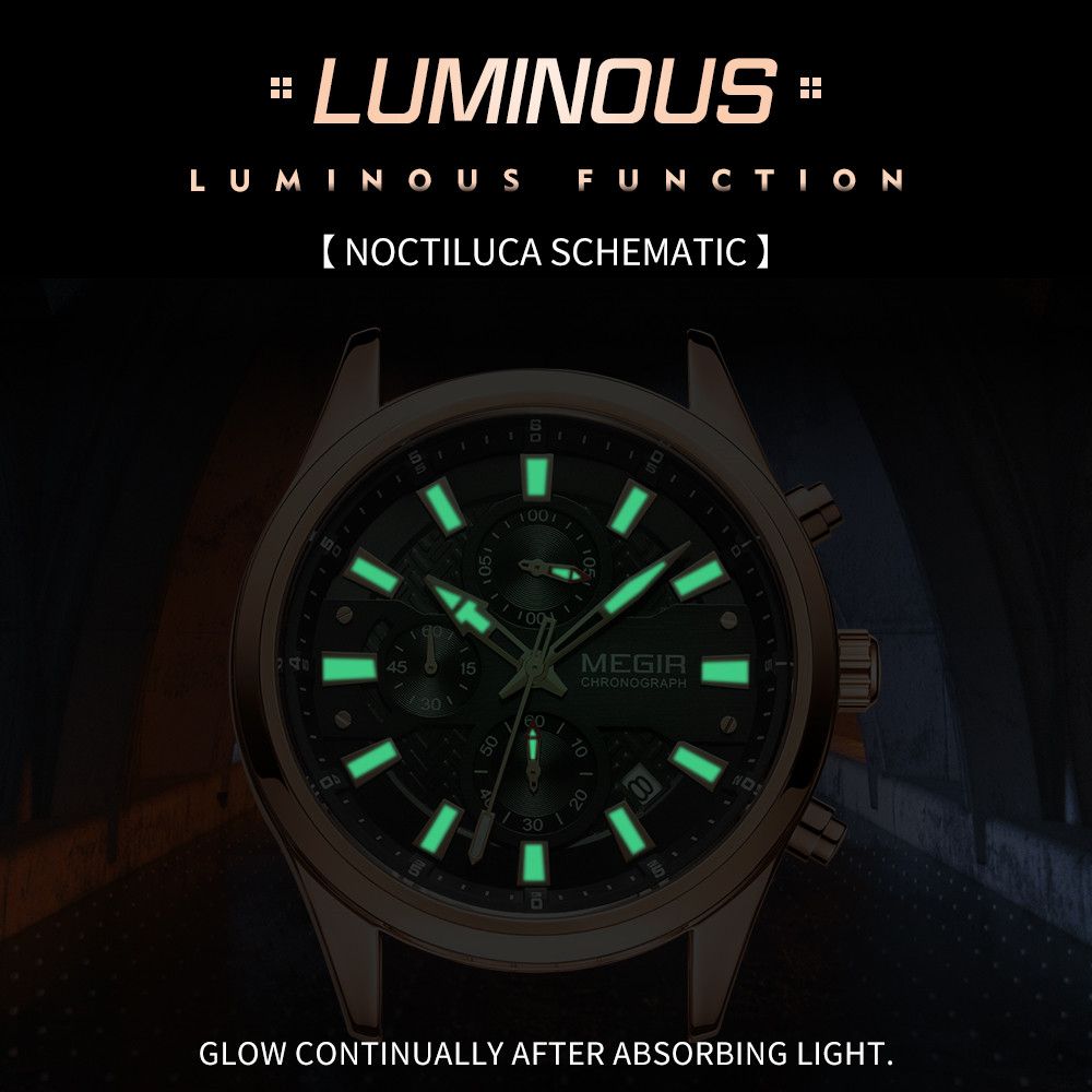 MEGIR 2154 men's chronograph watch feature graphic showing luminous hands and markers glowing in the dark