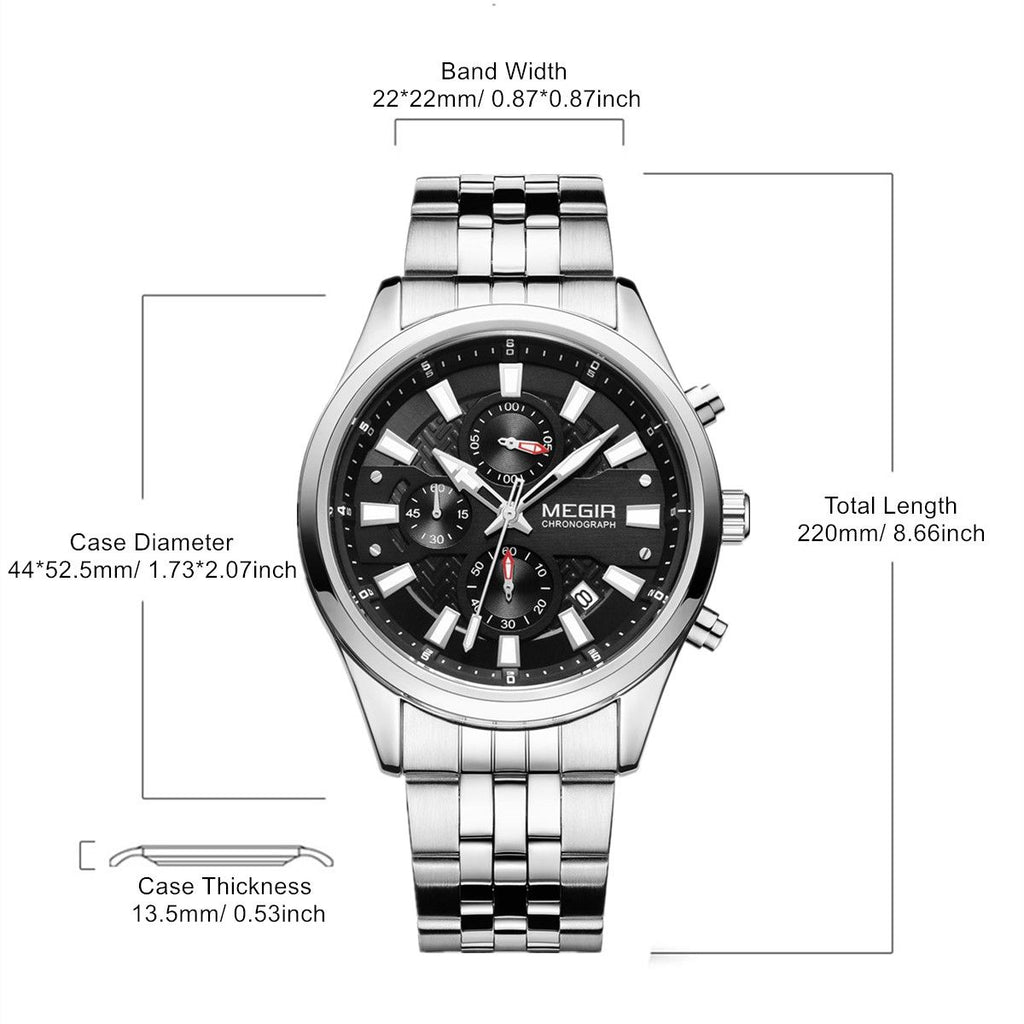MEGIR 2154 men's chronograph watch parameters graphic with case diameter, band width and total length