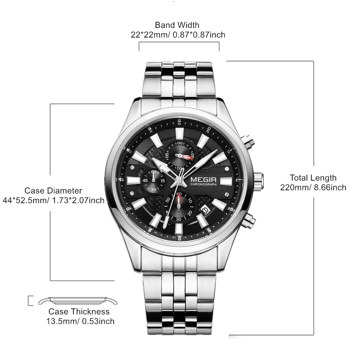 MEGIR 2154 men's chronograph watch parameters graphic with case diameter, band width and total length