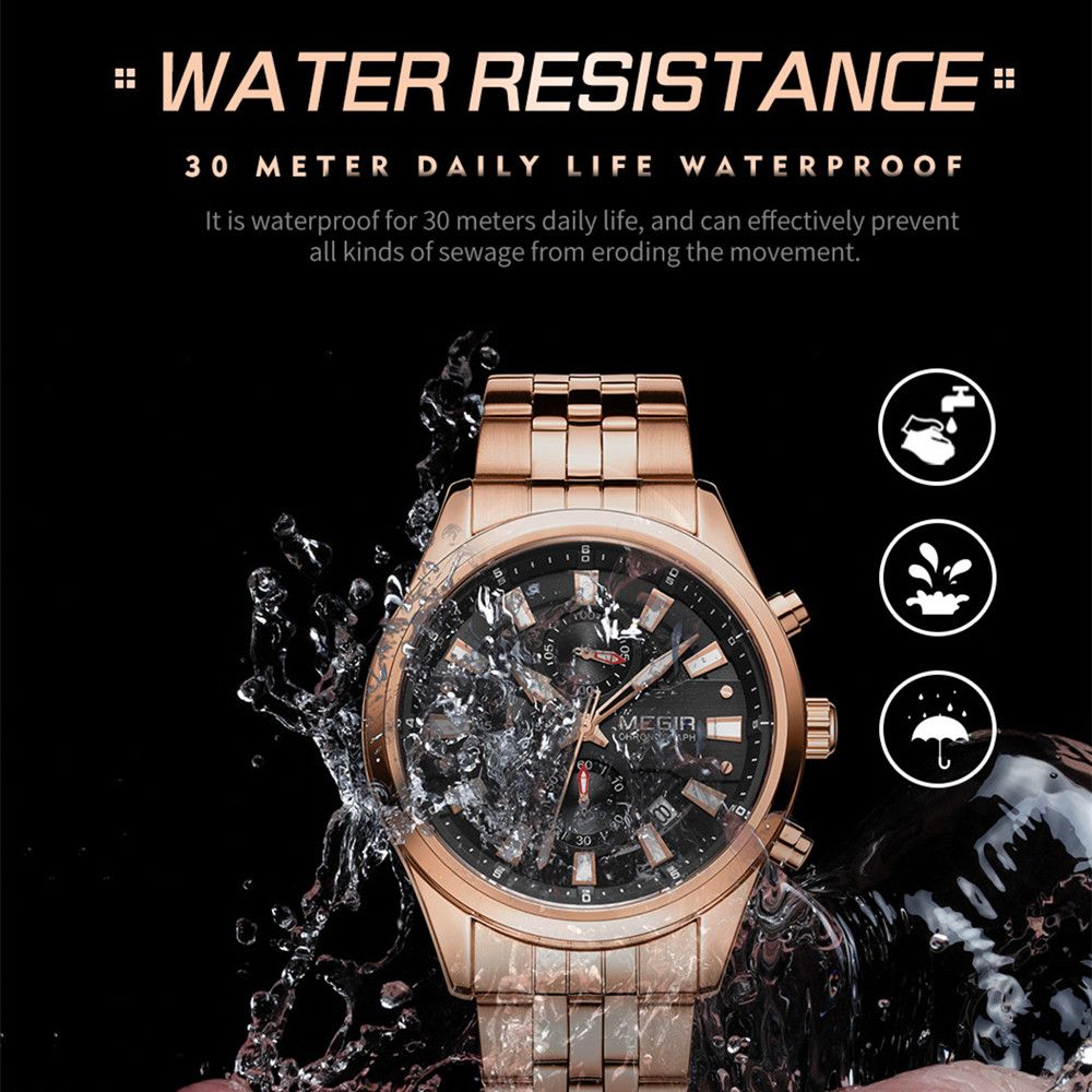 MEGIR 2154 men's chronograph watch water-resistance graphic, rose-gold case with black dial and bracelet
