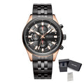 MEGIR 2154 men's chronograph watch, rose-gold and black case with black dial and black steel bracelet, with gift box