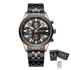 MEGIR 2154 men's chronograph watch, rose-gold and black case with black dial and black steel bracelet, with gift box