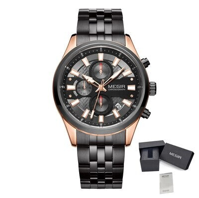 MEGIR 2154 men's chronograph watch, rose-gold and black case with black dial and black steel bracelet, with gift box