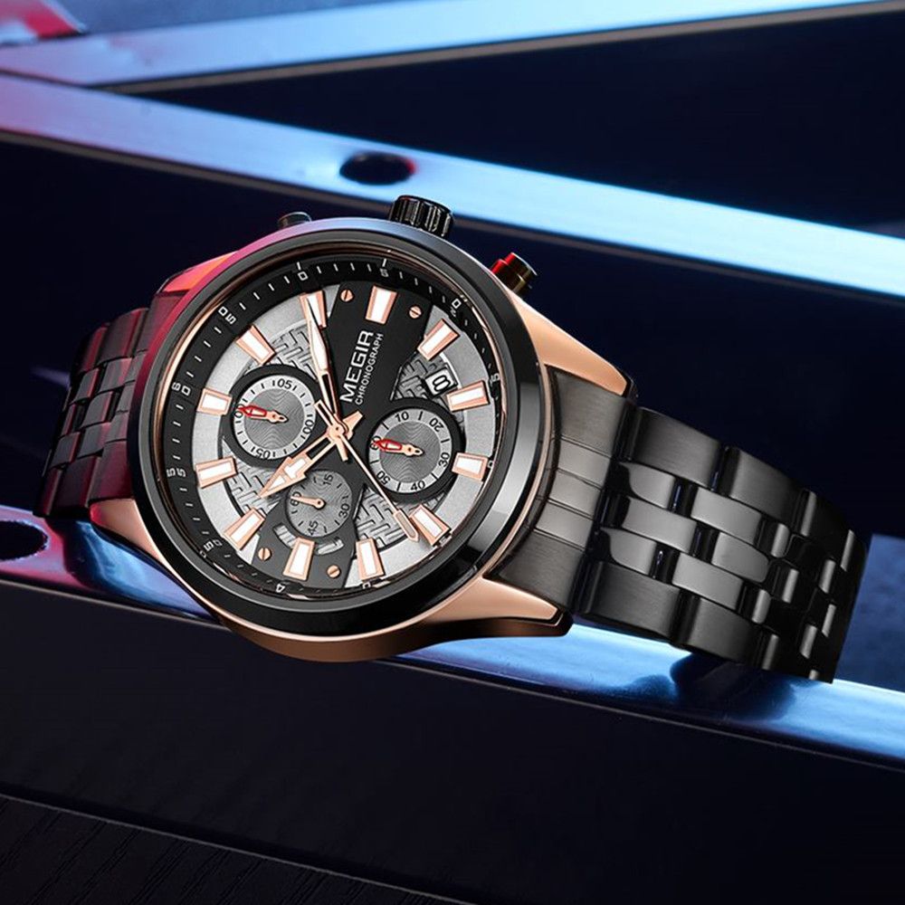 MEGIR 2154 men's chronograph watch, rose-gold and black case with grey dial and black bracelet, angled view