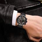 MEGIR 2154 men's chronograph watch on the wrist, rose-gold and black case with black dial and black bracelet