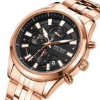 MEGIR 2154 men's chronograph watch, rose-gold case with black dial and rose-gold bracelet, angled view