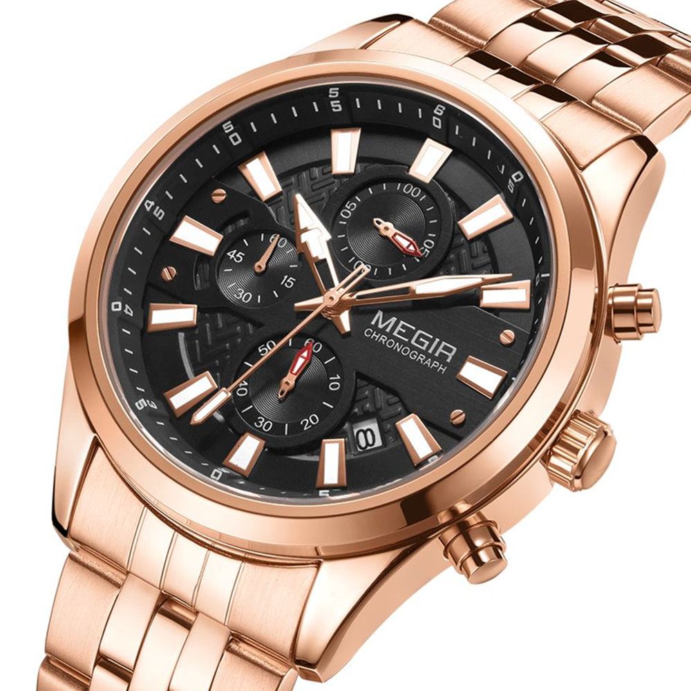 MEGIR 2154 men's chronograph watch, rose-gold case with black dial and rose-gold bracelet, angled view
