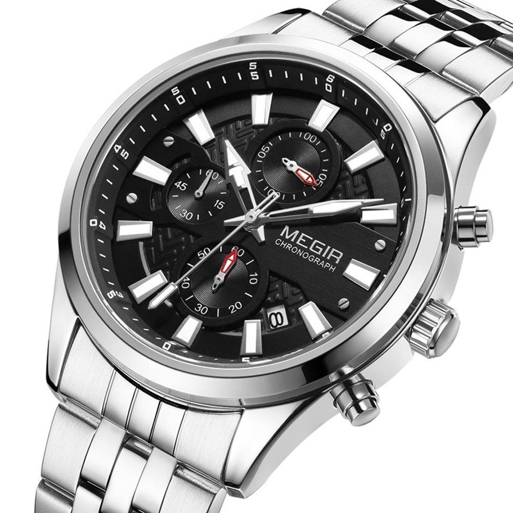 MEGIR 2154 men's chronograph watch, silver case with black dial and stainless steel bracelet, front studio view