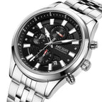 MEGIR 2154 men's chronograph watch, silver case with black dial and stainless steel bracelet, front studio view