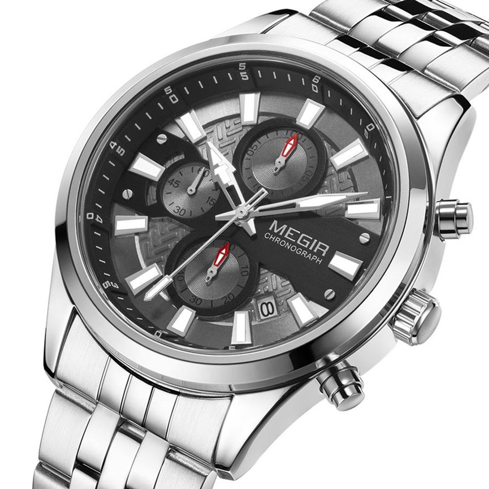 MEGIR 2154 men's chronograph watch, silver case with grey dial and stainless steel bracelet, three-quarter view