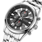 MEGIR 2154 men's chronograph watch, silver case with grey dial and stainless steel bracelet, three-quarter view