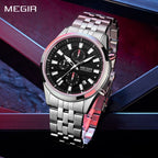 MEGIR 2154 men's chronograph watch, silver case with black dial and stainless steel bracelet, angled view