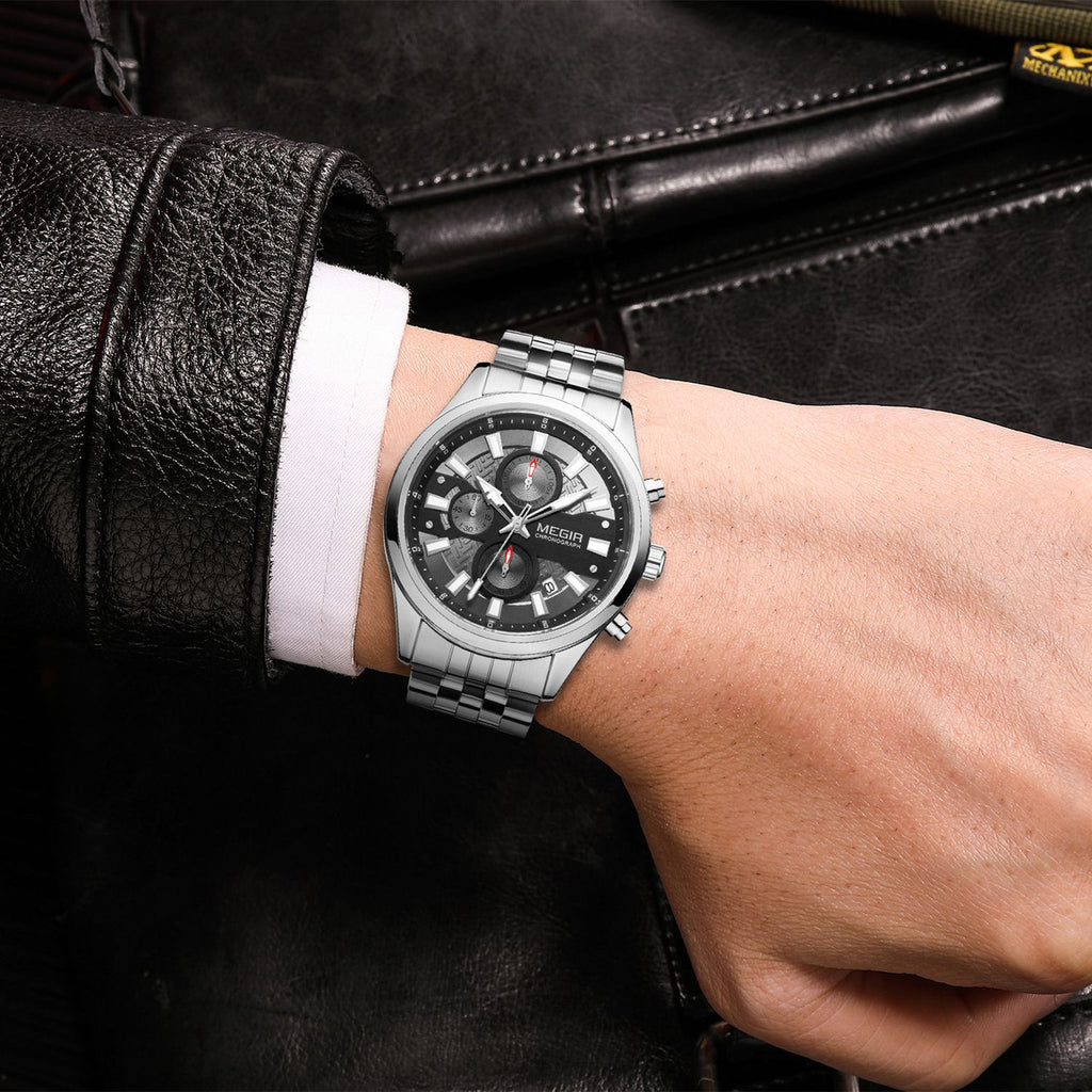 MEGIR 2154 men's chronograph watch on the wrist, silver case with grey dial and stainless steel bracelet
