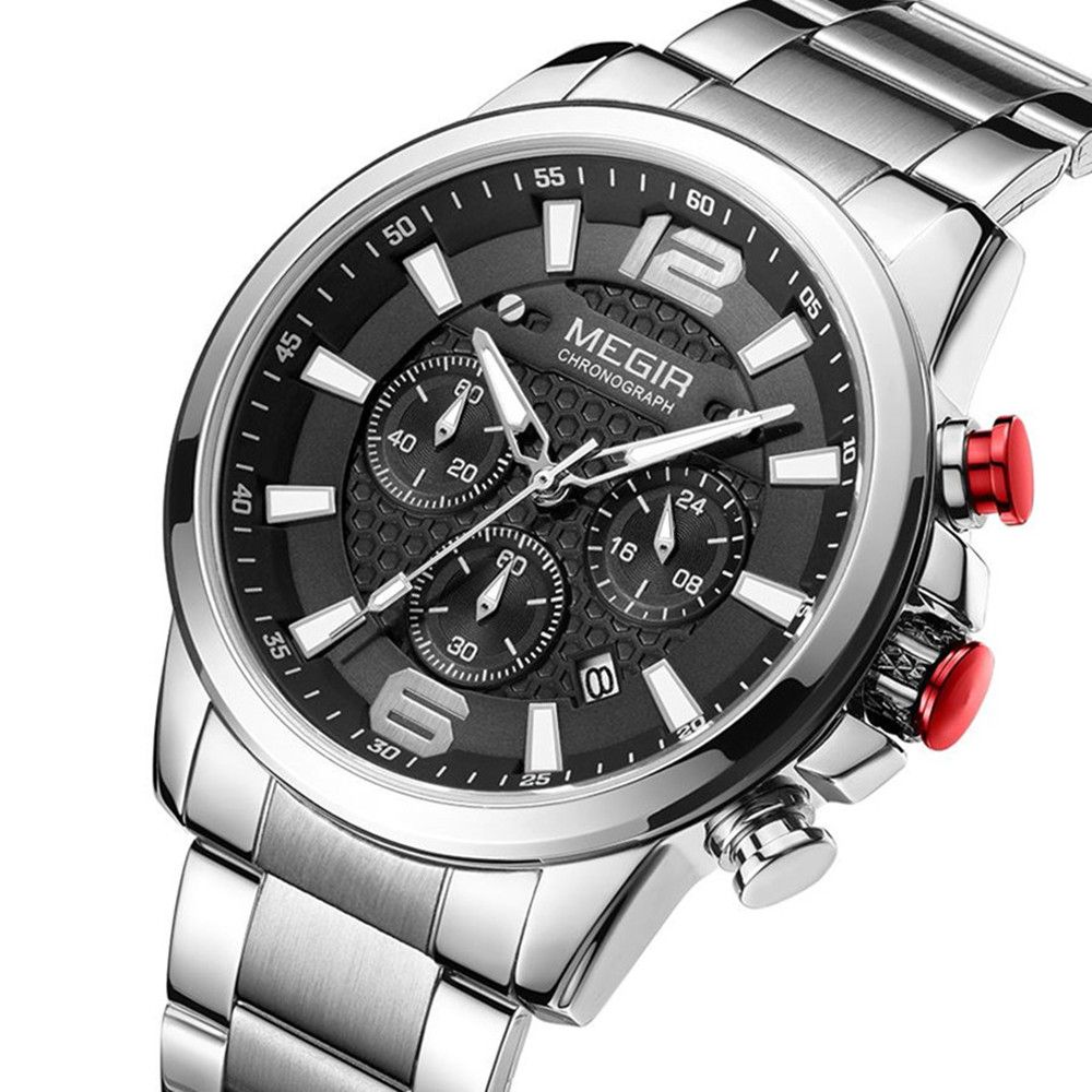 MEGIR 2156 men's chronograph watch, silver case with black dial and stainless steel bracelet, angled view