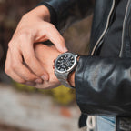 MEGIR 2156 men's chronograph watch on the wrist, silver case with black dial and stainless steel bracelet