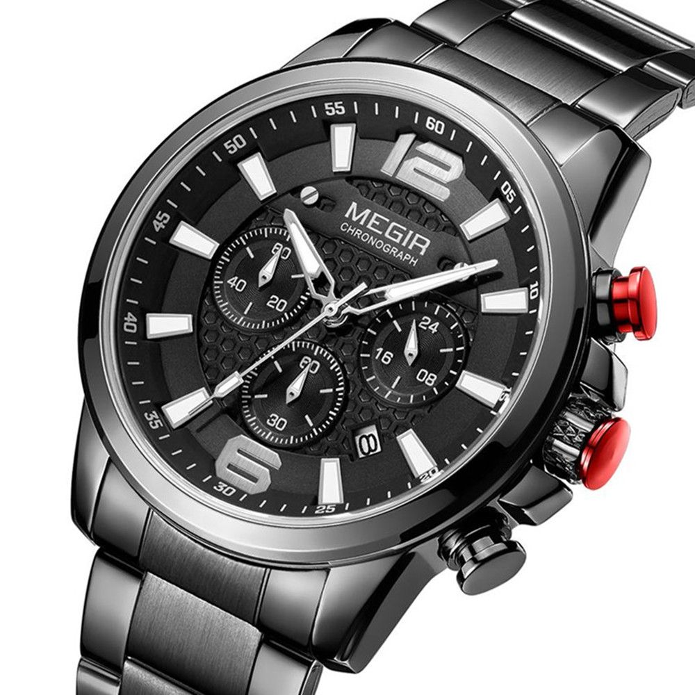 MEGIR 2156 men's chronograph watch, black case with black dial and black steel bracelet, angled view
